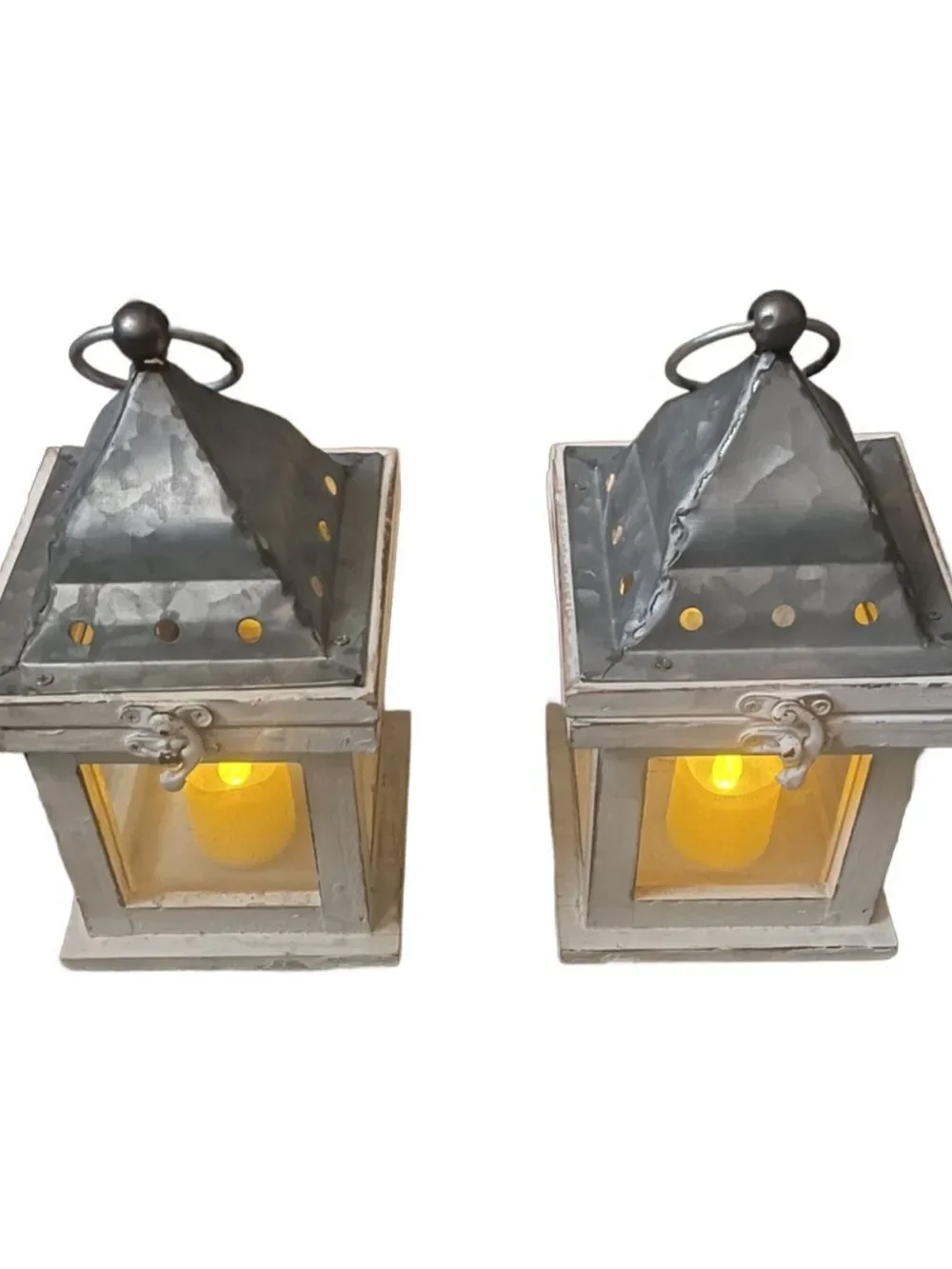 Rustic White Metal Lantern Pair with Glittery LED Candles
